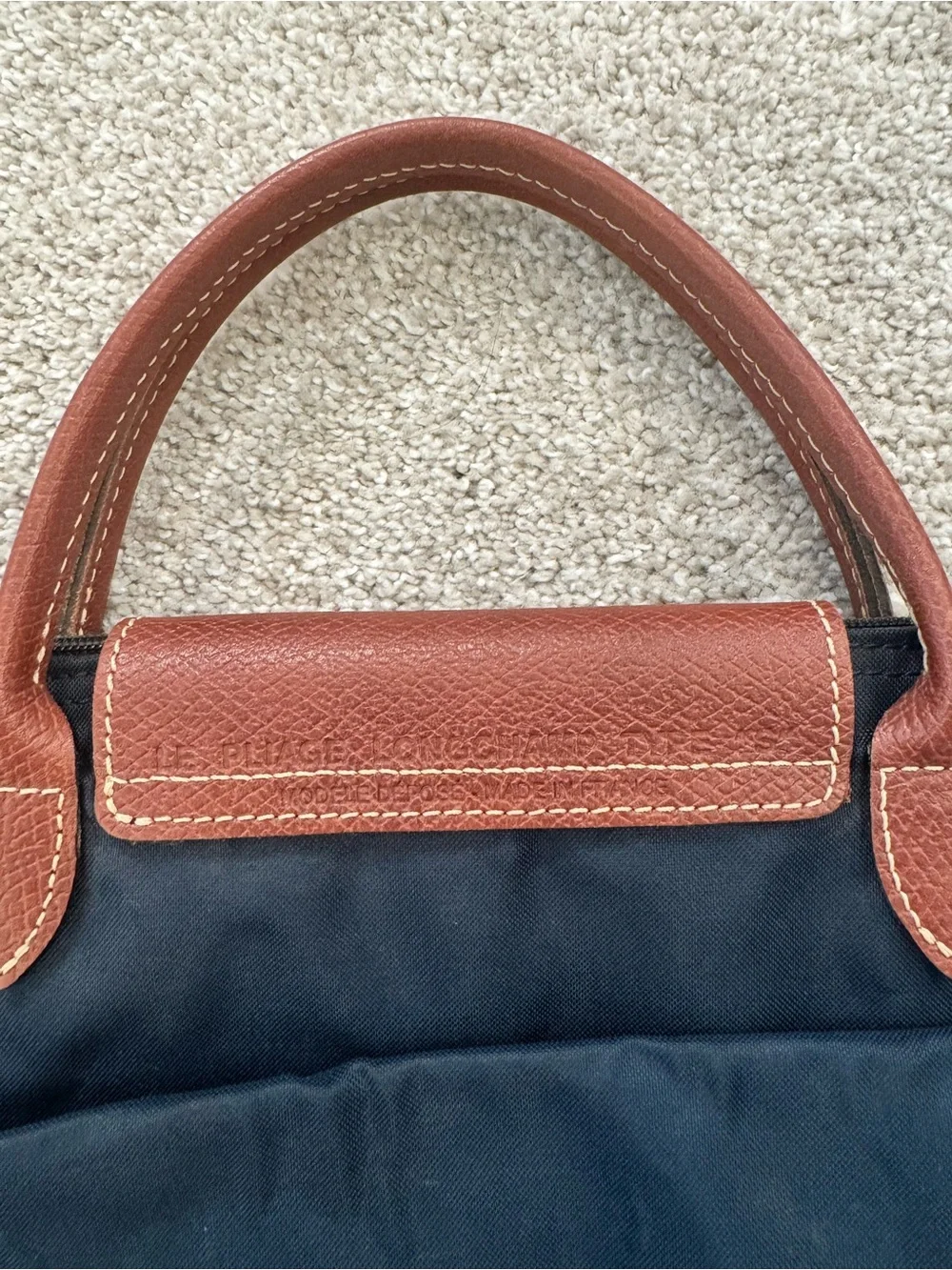 Longchamp Le Pliage Small Navy Tote with Brown Leather Trim Quiet Luxury Minimal